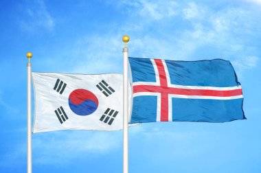 Güney Kore ve İzlanda bayrak direkleri ve mavi bulutlu arka planda iki bayrak
