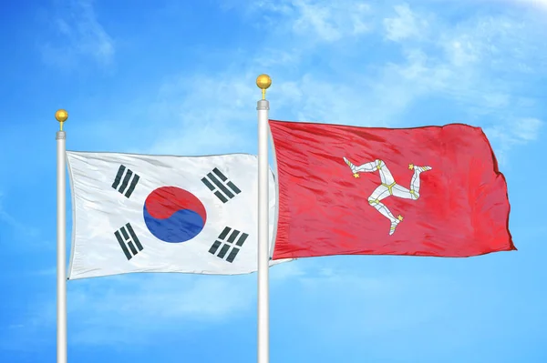 South Korea Isle Mann Two Flags Flagpoles Blue Cloudy Sky — Stock Photo, Image