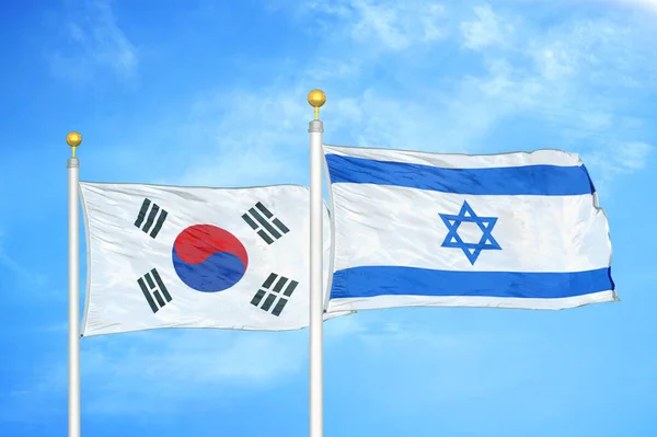 South Korea Israel Two Flags Flagpoles Blue Cloudy Sky Background — Stock Photo, Image