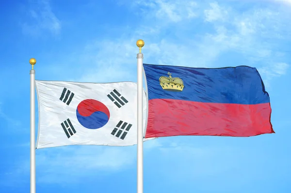 South Korea Liechtenstein Two Flags Flagpoles Blue Cloudy Sky Background — Stock Photo, Image