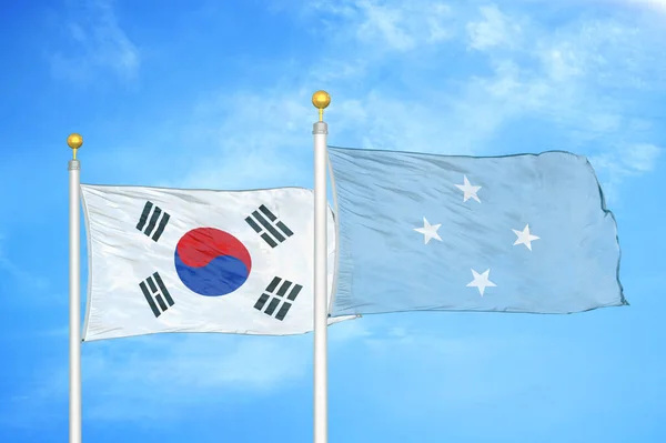 South Korea Micronesia Two Flags Flagpoles Blue Cloudy Sky Background — Stock Photo, Image