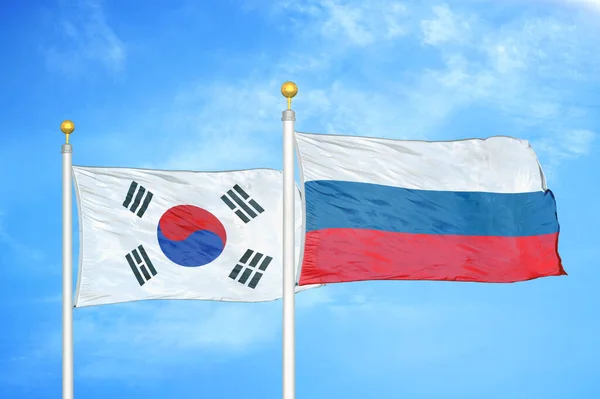 South Korea Russia Two Flags Flagpoles Blue Cloudy Sky Background — Stock Photo, Image