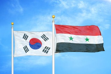 Güney Kore ve Suriye bayrak direkleri ve mavi bulutlu arka planda iki bayrak
