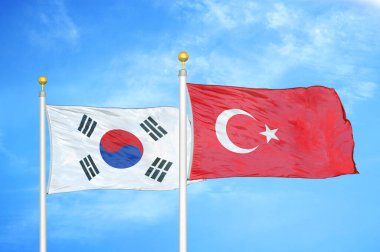 Güney Kore ve Türkiye bayrak direkleri ve mavi bulutlu arka planda iki bayrak