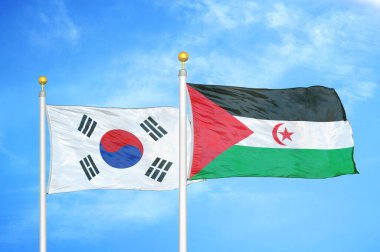 Güney Kore ve Batı Sahra bayrak direkleri ve mavi bulutlu arka planda iki bayrak