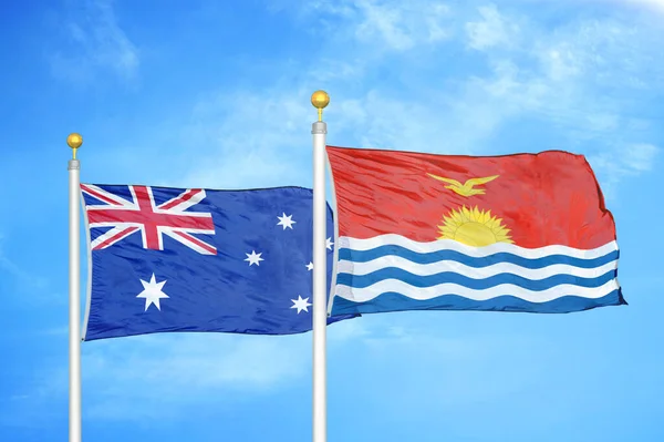 Australia Kiribati Due Bandiere Pennoni Cielo Azzurro Nuvoloso Sfondo — Foto Stock