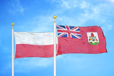 Polonya ve Bermuda bayrak direkleri ve mavi bulutlu arka planda iki bayrak