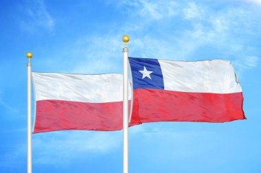 Polonya ve Şili bayrak direkleri ve mavi bulutlu arka planda iki bayrak