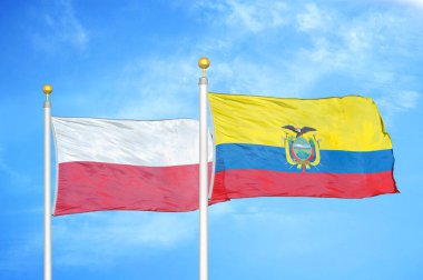 Polonya ve Ekvador bayrak direkleri ve mavi bulutlu arka planda iki bayrak