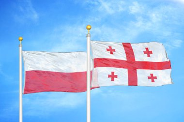 Polonya ve Gürcistan bayrak direkleri ve mavi bulutlu arka planda iki bayrak