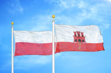 Polonya ve Cebelitarık bayrak direkleri ve mavi bulutlu arka planda iki bayrak