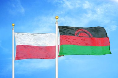 Polonya ve Malawi bayrak direkleri ve mavi bulutlu arka planda iki bayrak