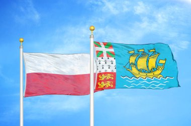 Polonya ve Saint Pierre ve Miquelon bayrak direkleri üzerinde iki bayrak ve mavi bulutlu gökyüzü arka planı