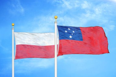 Polonya ve Samoa bayrak direkleri ve mavi bulutlu arka planda iki bayrak
