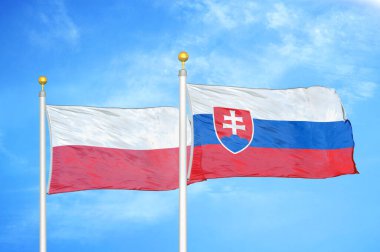 Polonya ve Slovakya bayrak direkleri ve mavi bulutlu arka planda iki bayrak