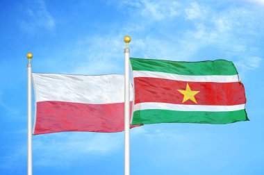 Polonya ve Surinam bayrak direkleri ve mavi bulutlu arka planda iki bayrak
