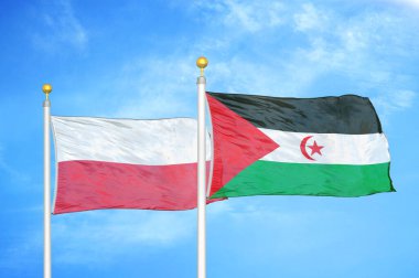 Polonya ve Batı Sahra bayrak direkleri ve mavi bulutlu arka planda iki bayrak