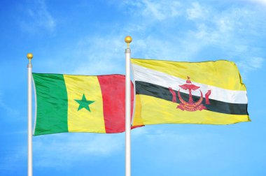 Senegal ve Brunei bayrak direkleri ve mavi bulutlu arka planda iki bayrak
