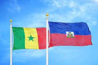 Senegal ve Haiti bayrak direkleri ve mavi bulutlu arka planda iki bayrak