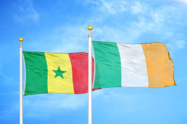 Senegal ve İrlanda bayrak direkleri ve mavi bulutlu arka planda iki bayrak
