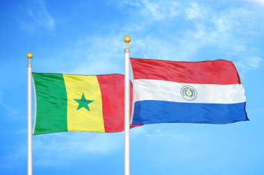 Senegal ve Paraguay bayrak direkleri ve mavi bulutlu arka planda iki bayrak