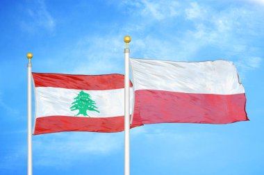 Lübnan ve Polonya bayrak direkleri ve mavi bulutlu arka planda iki bayrak