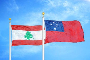Lübnan ve Samoa bayrak direkleri ve mavi bulutlu arka planda iki bayrak