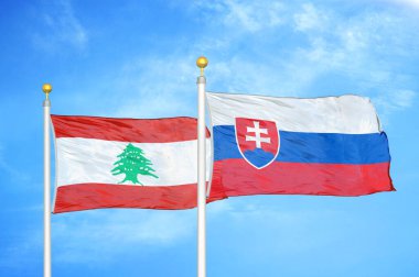 Lübnan ve Slovakya bayrak direkleri ve mavi bulutlu arka planda iki bayrak