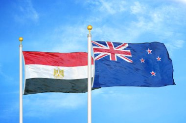 Mısır ve Yeni Zelanda bayrak direkleri ve mavi bulutlu arka planda iki bayrak