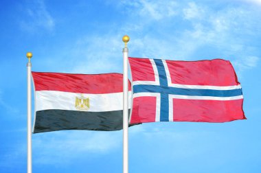 Mısır ve Norveç bayrak direkleri ve mavi bulutlu arka planda iki bayrak