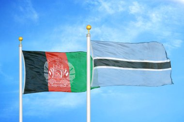 Afganistan ve Botswana bayrak direkleri ve mavi bulutlu arka planda iki bayrak