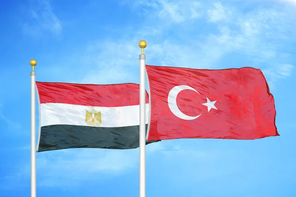 Egypt and Turkey two flags on flagpoles and blue cloudy sky background