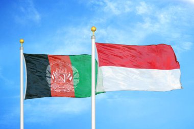 Afganistan ve Endonezya bayrak direkleri ve mavi bulutlu arka planda iki bayrak