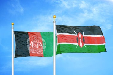 Afganistan ve Kenya bayrak direkleri ve mavi bulutlu arka planda iki bayrak