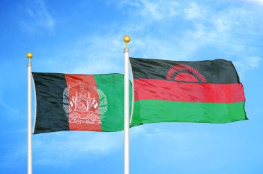 Afganistan ve Malawi bayrak direkleri ve mavi bulutlu arka planda iki bayrak