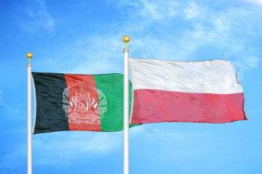Afganistan ve Polonya bayrak direkleri ve mavi bulutlu arka planda iki bayrak