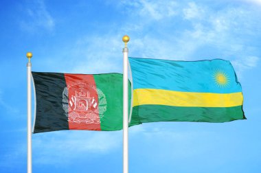 Afganistan ve Ruanda bayrak direkleri ve mavi bulutlu arka planda iki bayrak