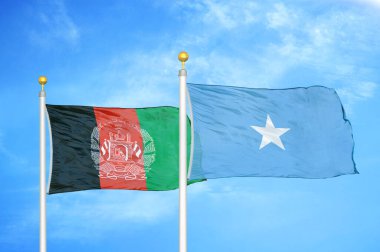 Afganistan ve Somali bayrak direkleri ve mavi bulutlu arka planda iki bayrak
