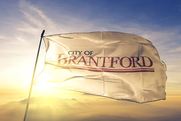 Brantford Ontario Canadá Bandera Tela Tela Ondeando Parte Superior Niebla — Foto de Stock