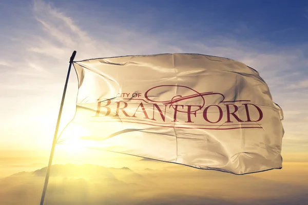 Brantford Ontario Canadá Bandera Tela Tela Ondeando Parte Superior Niebla — Foto de Stock