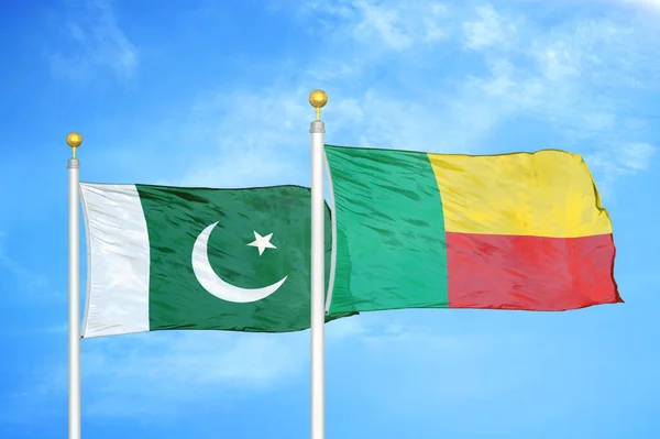 Pakistan Benin Two Flags Flagpoles Blue Cloudy Sky Background — Stock Photo, Image