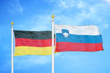 Almanya ve Slovenya bayrak direkleri ve mavi bulutlu arka planda iki bayrak