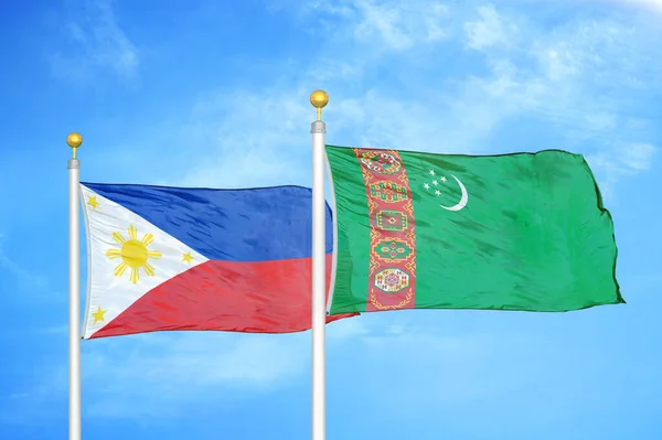 Philippines Turkmenistan Two Flags Flagpoles Blue Cloudy Sky Background — Stock Photo, Image