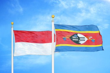 Endonezya ve Eswatini Svaziland bayrak direkleri ve mavi bulutlu arka planda iki bayrak