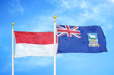 Endonezya ve Falkland Adaları bayrak direkleri ve mavi bulutlu arka planda iki bayrak