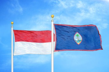 Endonezya ve Guam bayrak direkleri ve mavi bulutlu arka planda iki bayrak