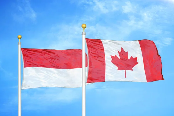 Indonesien Und Kanada Zwei Flaggen Auf Fahnenmasten Und Blauer Bewölkter — Stockfoto