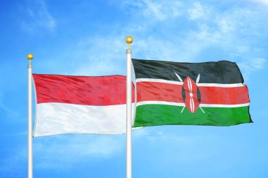 Endonezya ve Kenya bayrak direkleri ve mavi bulutlu arka planda iki bayrak