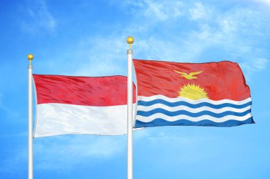 Endonezya ve Kiribati bayrak direkleri üzerinde iki bayrak ve mavi bulutlu arka plan