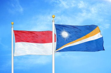 Endonezya ve Marshall Adaları bayrak direkleri ve mavi bulutlu arka planda iki bayrak